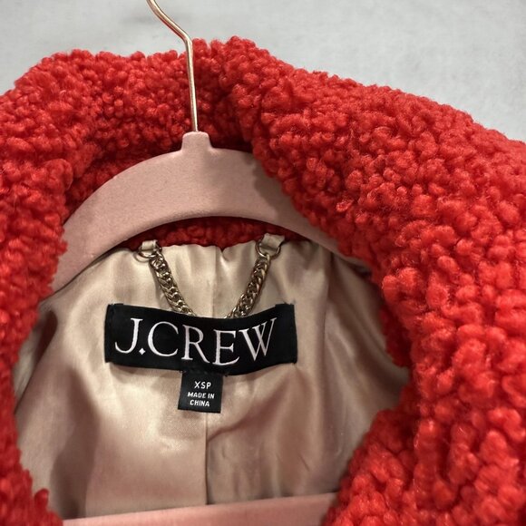 J Crew Coat Womens XSP Red Faux Fur Teddy Shearling Button Front Mid Length - Picture 2 of 12